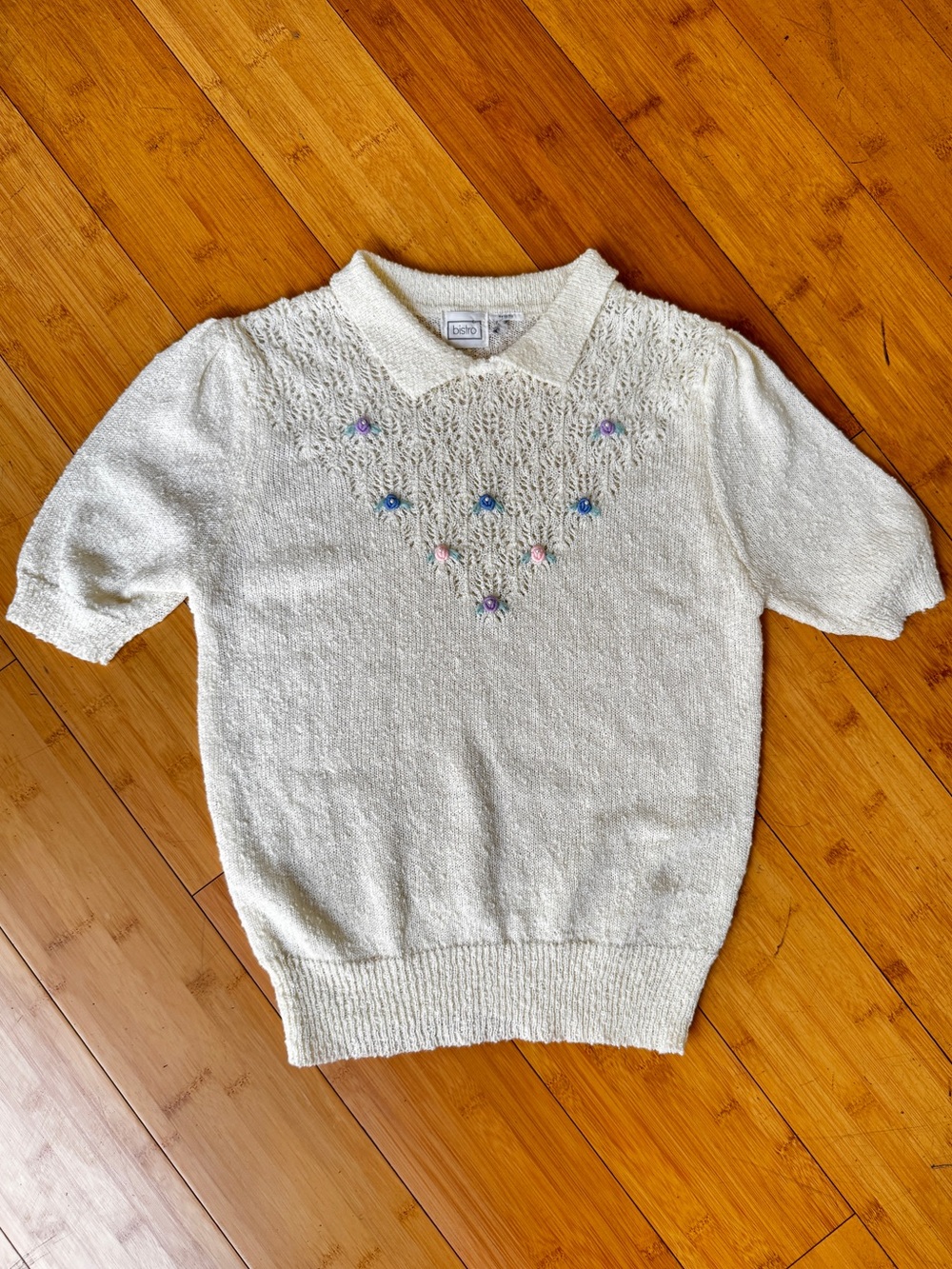 Vintage Cottagecore Lace Knit Floral Embroidered Short Sleeve Sweater Top